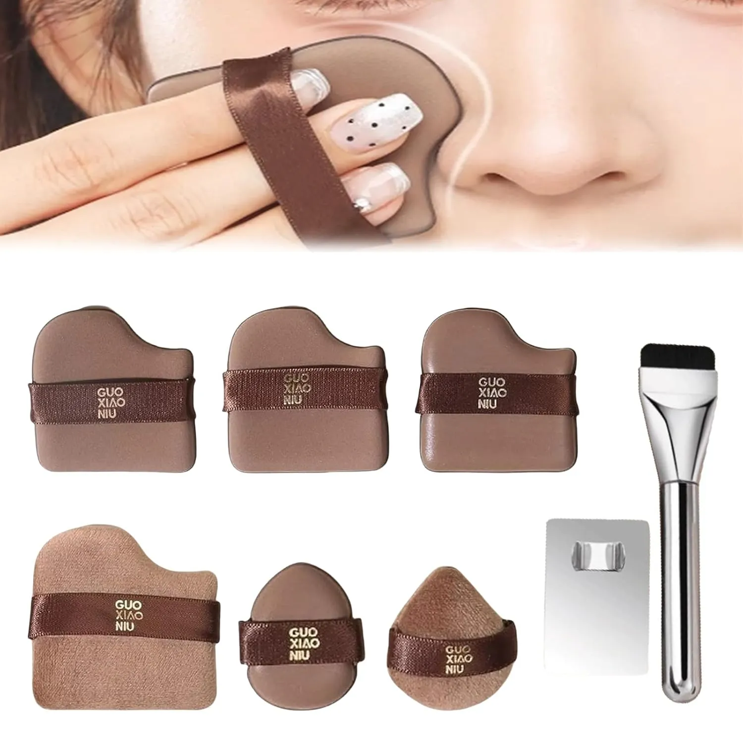 1 Box of 6 PCS Guo Xiao Niu Makeup Puff, Makeup Cushion Sponge Powder Puff, Wet and Dry, Does Not Consume Liquid Foundation, Long-Lasting, Delicate and Non-heavy Makeup Effect (1*Set Brown)
