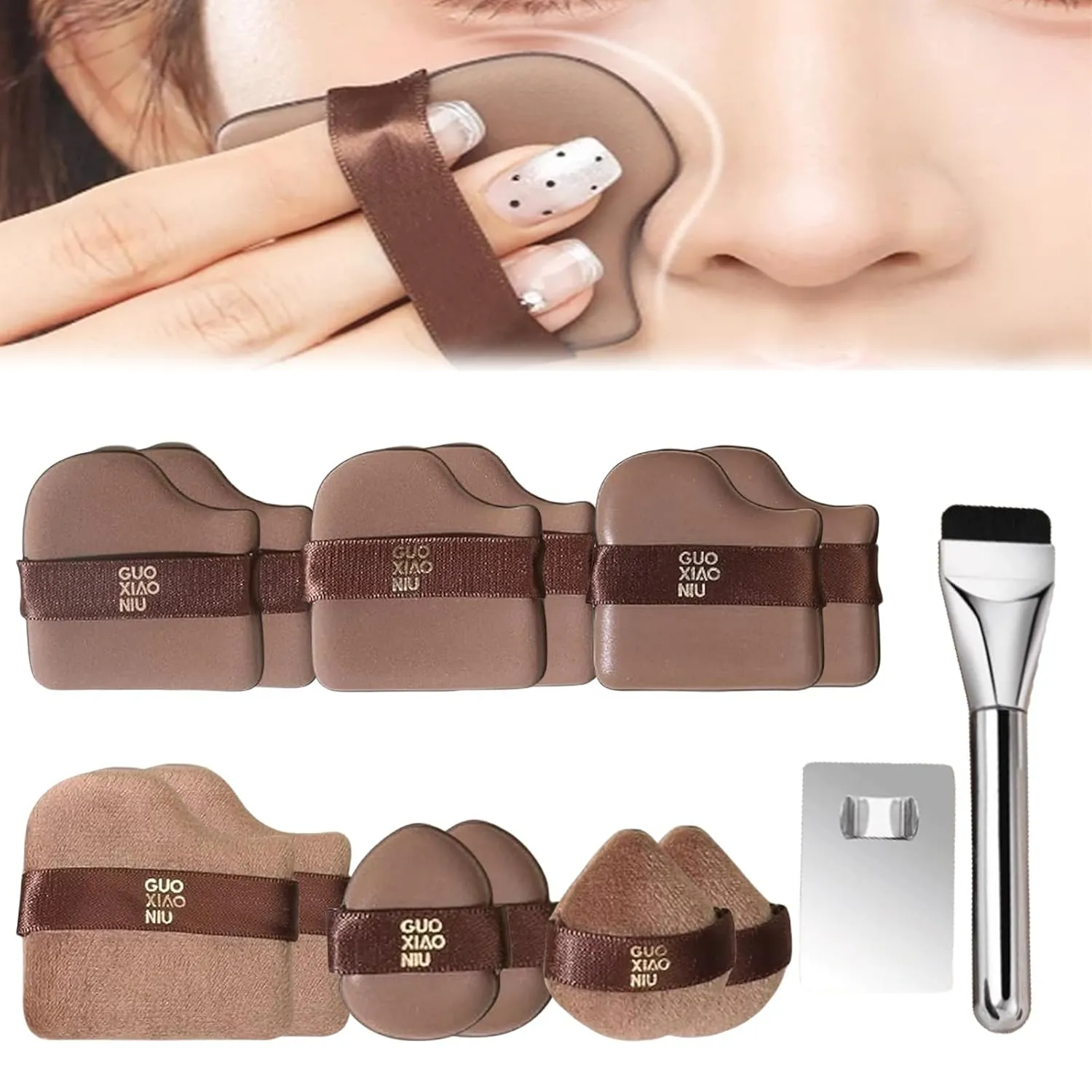 1 Box of 6 PCS Guo Xiao Niu Makeup Puff, Makeup Cushion Sponge Powder Puff, Wet and Dry, Does Not Consume Liquid Foundation, Long-Lasting, Delicate and Non-heavy Makeup Effect (2*Set Brown)