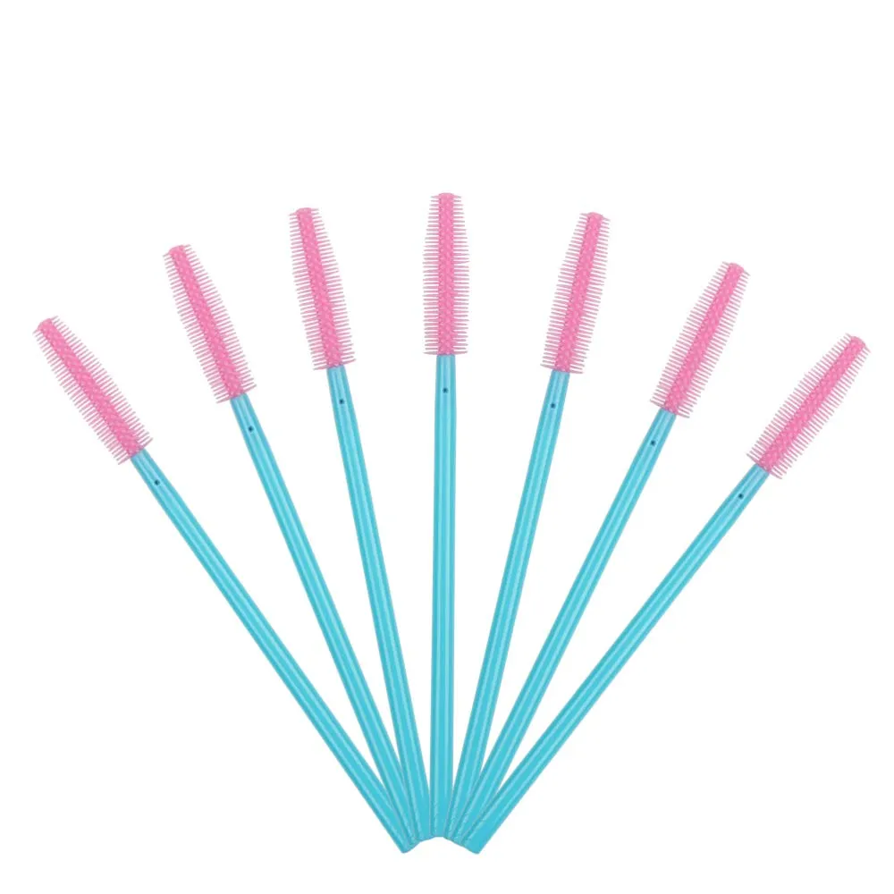 100 Pcs Silicone Mascara Wands Disposable Eyelash Brushes for Extensions Lash Applicators Makeup Tool Kit, Blue/Pink Blue Handle/Pink Brush Head