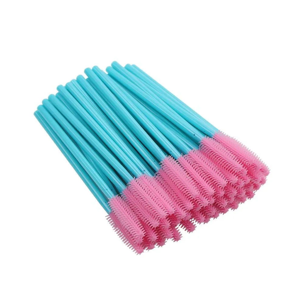 100 Pcs Silicone Mascara Wands Disposable Eyelash Brushes for Extensions Lash Applicators Makeup Tool Kit, Blue/Pink Blue Handle/Pink Brush Head