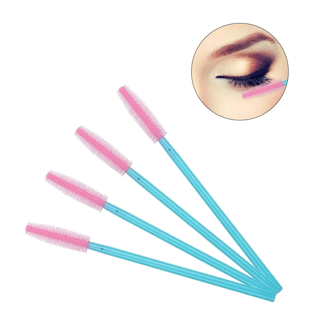 100 Pcs Silicone Mascara Wands Disposable Eyelash Brushes for Extensions Lash Applicators Makeup Tool Kit, Blue/Pink Blue Handle/Pink Brush Head