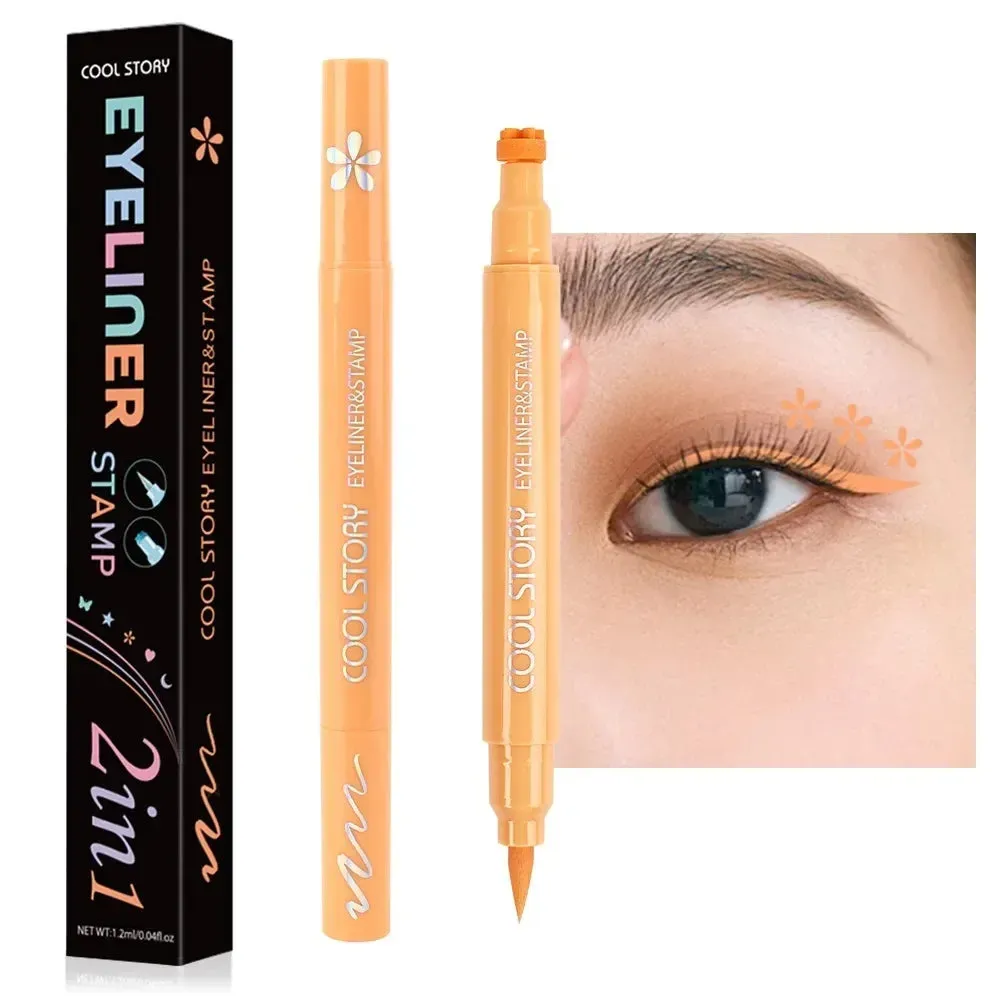 2-in-1 Pastel Stamp Eyeliner Pen Set – Matte Liquid Eye Liner with Heart, Butterfly, Star, Moon, and Flower Stamps for Creative Makeup