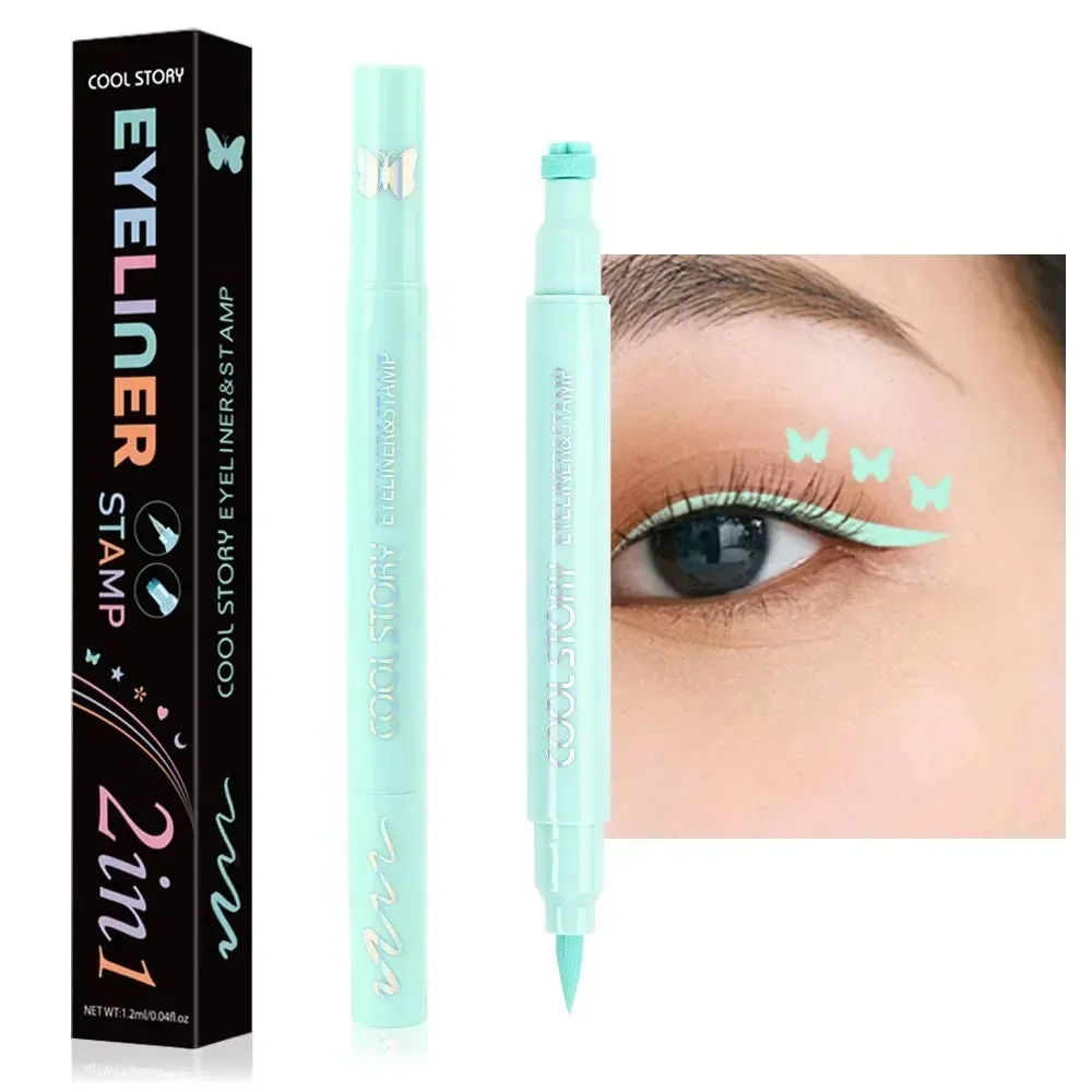 2-in-1 Pastel Stamp Eyeliner Pen Set – Matte Liquid Eye Liner with Heart, Butterfly, Star, Moon, and Flower Stamps for Creative Makeup