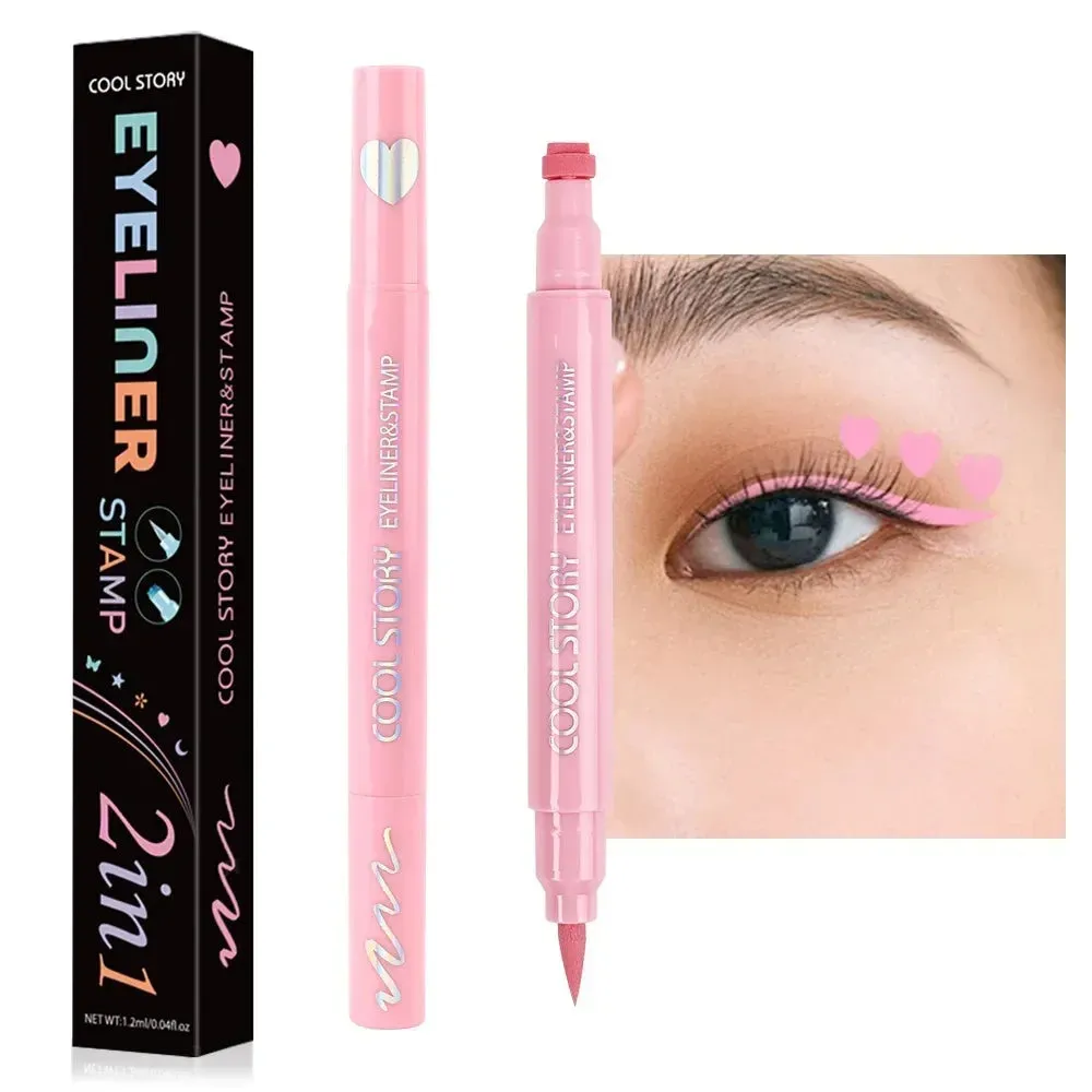 2-in-1 Pastel Stamp Eyeliner Pen Set – Matte Liquid Eye Liner with Heart, Butterfly, Star, Moon, and Flower Stamps for Creative Makeup