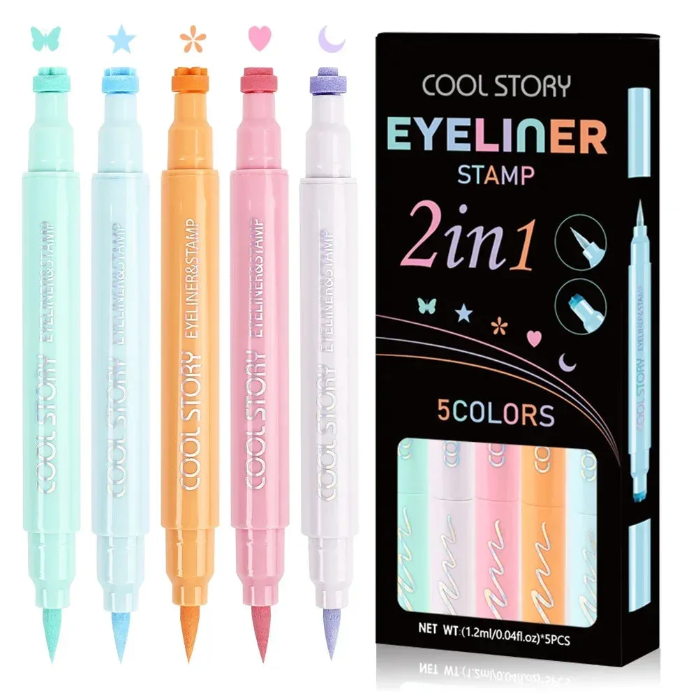 2-in-1 Pastel Stamp Eyeliner Pen Set – Matte Liquid Eye Liner with Heart, Butterfly, Star, Moon, and Flower Stamps for Creative Makeup