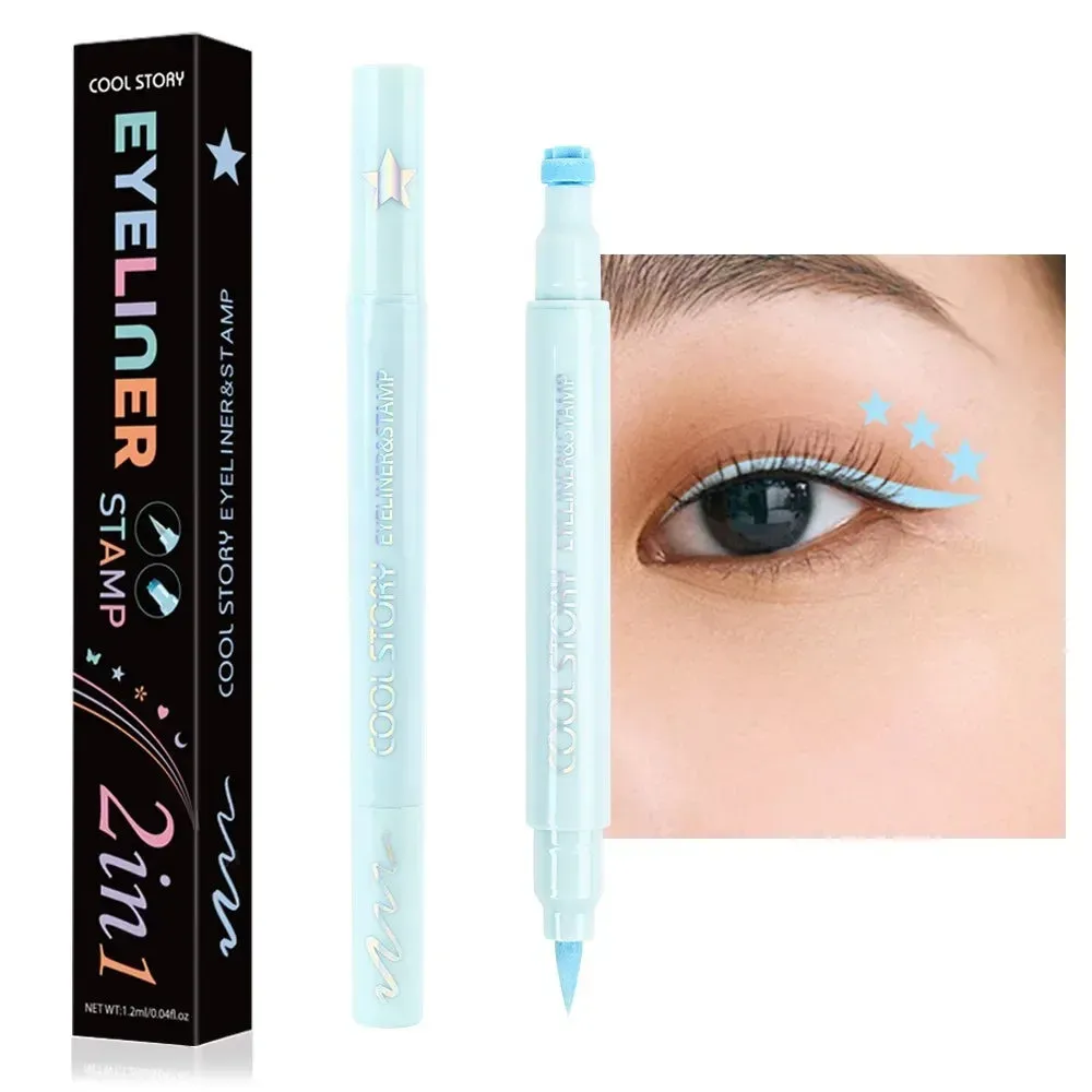 2-in-1 Pastel Stamp Eyeliner Pen Set – Matte Liquid Eye Liner with Heart, Butterfly, Star, Moon, and Flower Stamps for Creative Makeup
