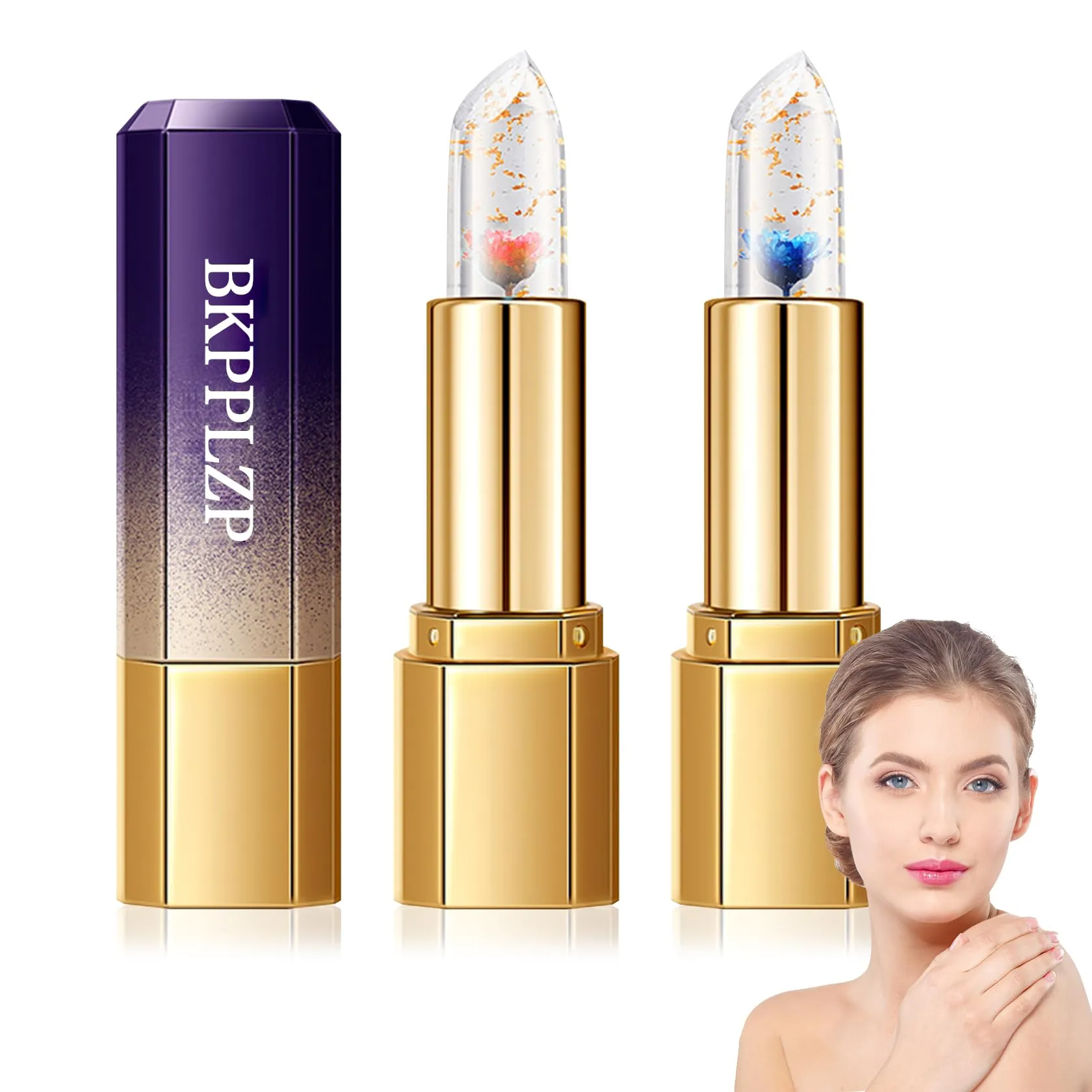 2 Pack Crystal Flower Jelly Lipstick,Magic Color Changing Lipstick,PH Clear Temperature Color Changing Lip Gloss,Lip Balm,Long Lasting Nourishing Moisturizing Lip Stick Set H01 02