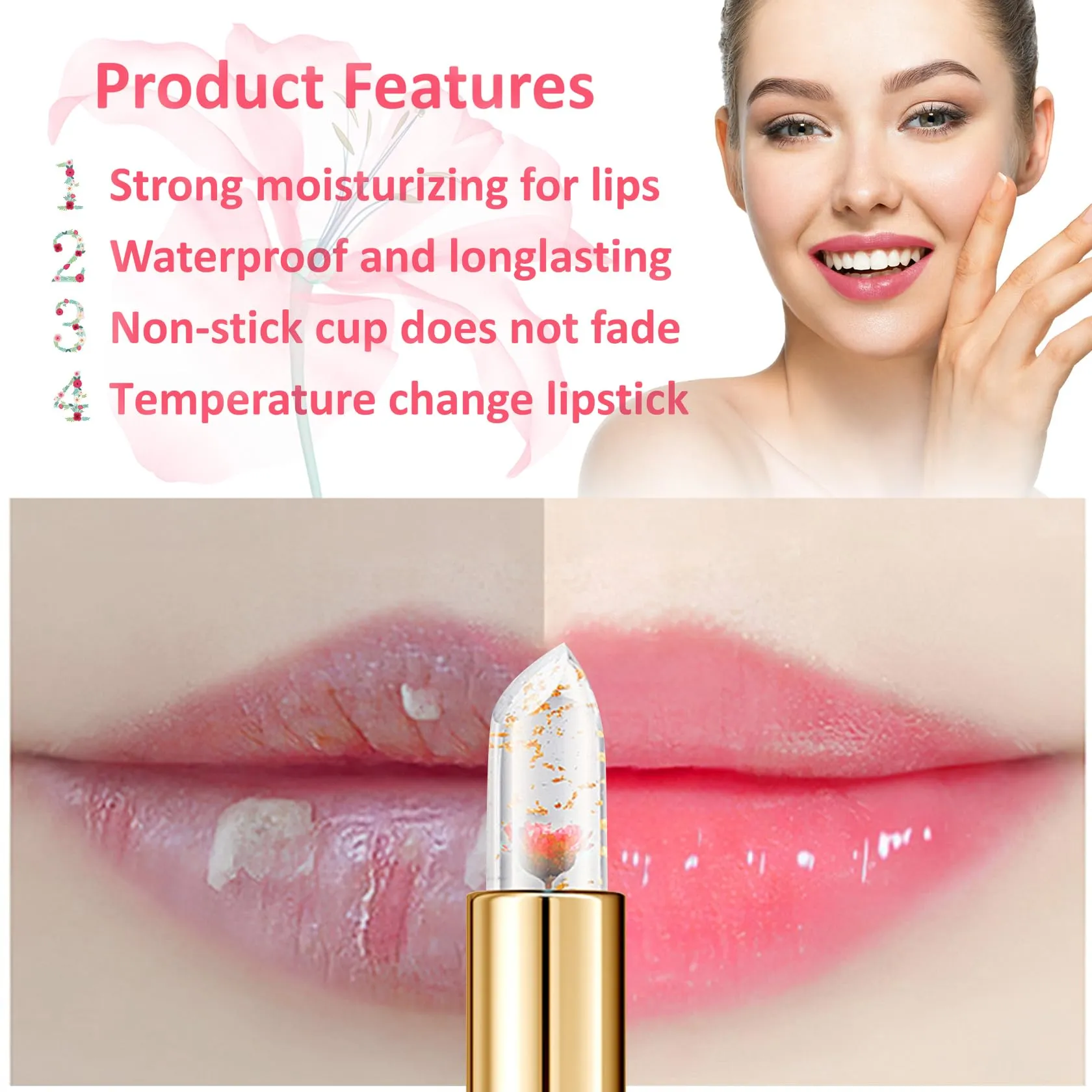 2 Pack Crystal Flower Jelly Lipstick,Magic Color Changing Lipstick,PH Clear Temperature Color Changing Lip Gloss,Lip Balm,Long Lasting Nourishing Moisturizing Lip Stick Set H01 02