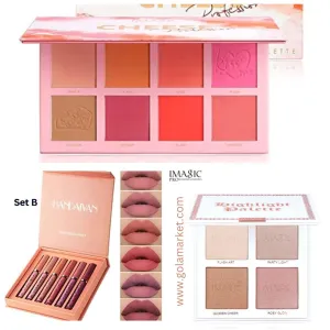 (3 IN 1 Combo ) IMAGIC 8 COLOR CONTOUR & BLUSH PALETTE   IMAGIC 4 Color Highlighter Palette   HANDAIYAN 6PCS Lipstick (Set B)
