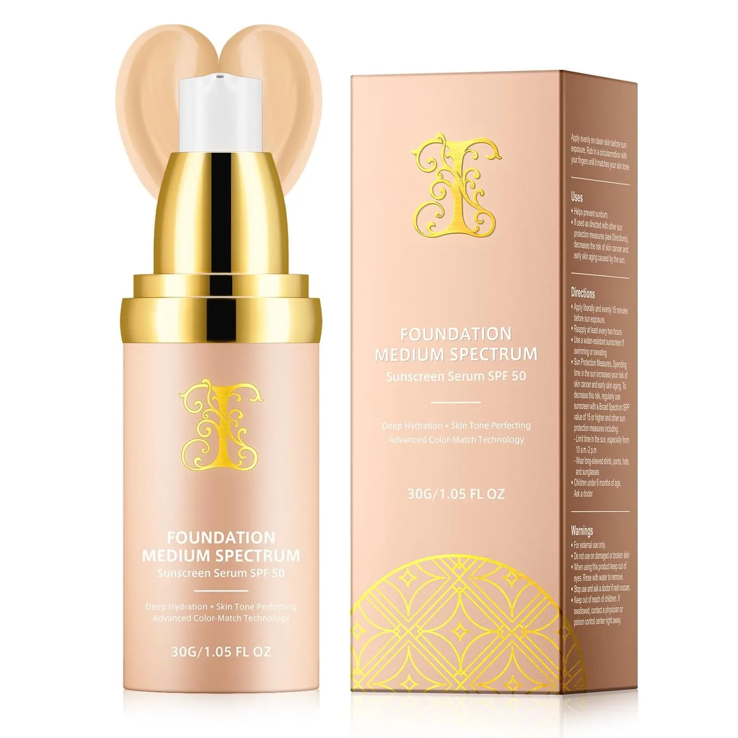 4 in 1 Foundation With SPF 50 , Longwearing & Waterproof, Color Changing Hydrating Concealer Light Spectrum for Gym, Sport, 30g/1.05 fl.oz