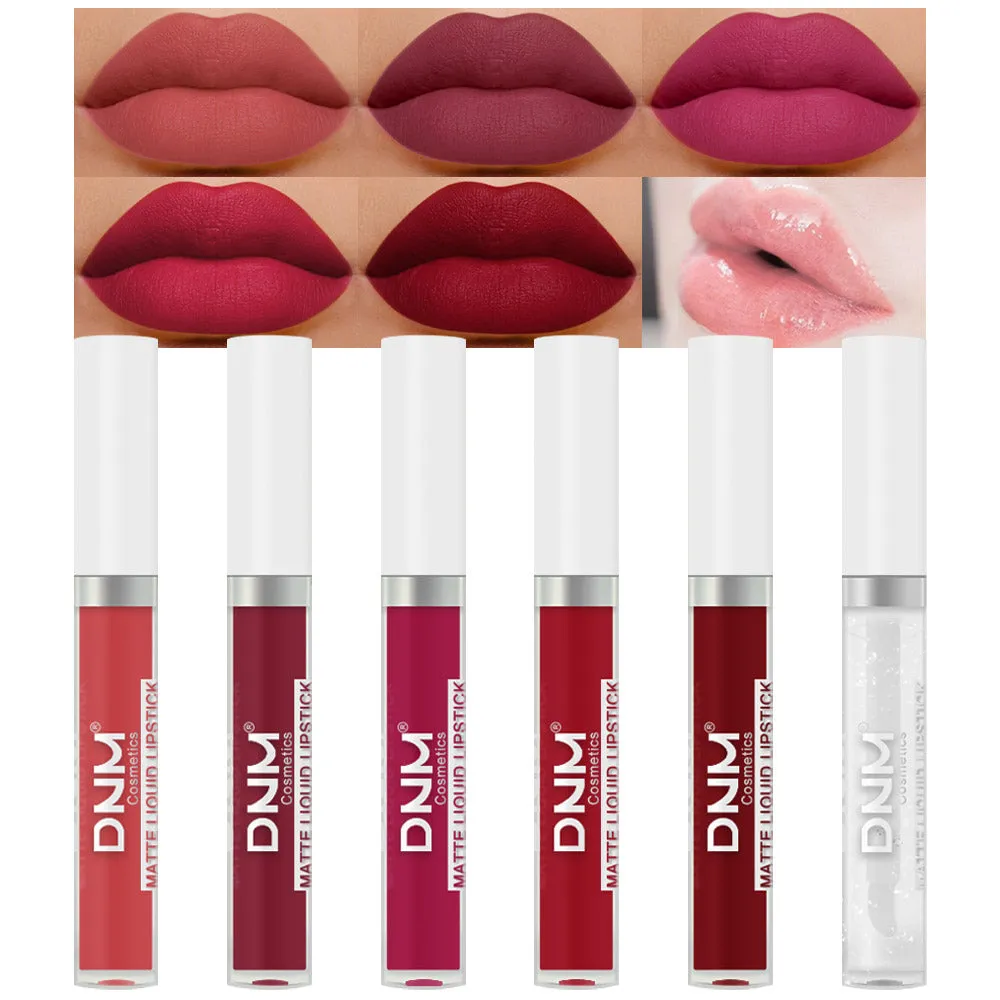 5Pcs Matte Liquid Lipstick 1Pcs Clear Lip Plumping Plumper Gloss Oil Makeup Set Kit, Long Lasting Waterproof Moisturizing Velvet High Pigmented Lipstick Lip Stain Glaze Makeup Gift Sets for Women 04