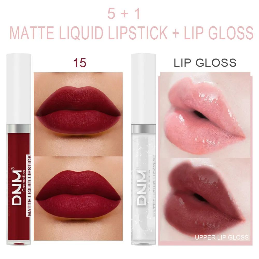 5Pcs Matte Liquid Lipstick 1Pcs Clear Lip Plumping Plumper Gloss Oil Makeup Set Kit, Long Lasting Waterproof Moisturizing Velvet High Pigmented Lipstick Lip Stain Glaze Makeup Gift Sets for Women 04
