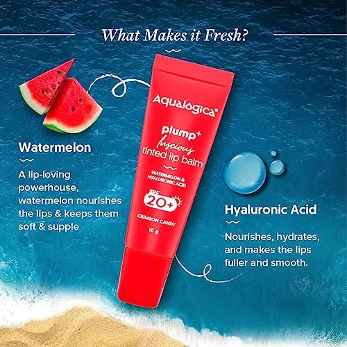 Aqualogica Plump  Luscious Tinted Lip Balm for Men & Women - Lip Mask for Dry, Dark & Pigmented Lips with Watermelon & Hyaluronic Acid -10g (Crimson Candy)