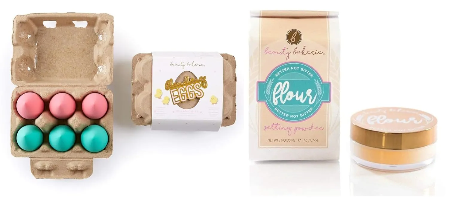 Beauty Bakerie Flour Setting Powder for Foundation, 0.5oz, Plantain (Caramel)   Blending Egg Beauty Sponge Cosmetic Face Blender Sponge Applicator, 6 Pack Set, Pink/Turquoise, 2 Pack Bundle