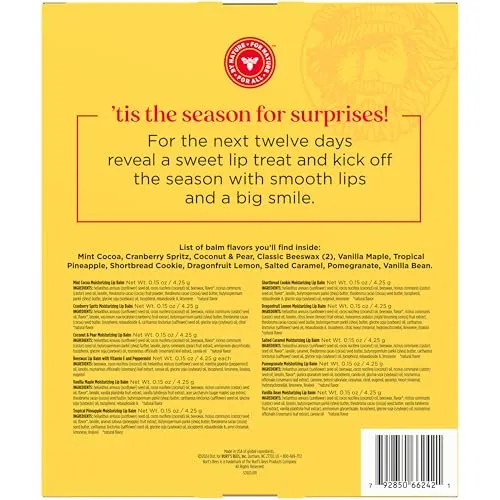 Burt's Bees Christmas Gifts, 12 Days of Joy Lip Balm Advent Calendar Gift Set, Moisturizing Lip Balm Pack Great for Stocking Stuffers, Tint-Free, Natural Origin Lip Treatment (12-Pack)