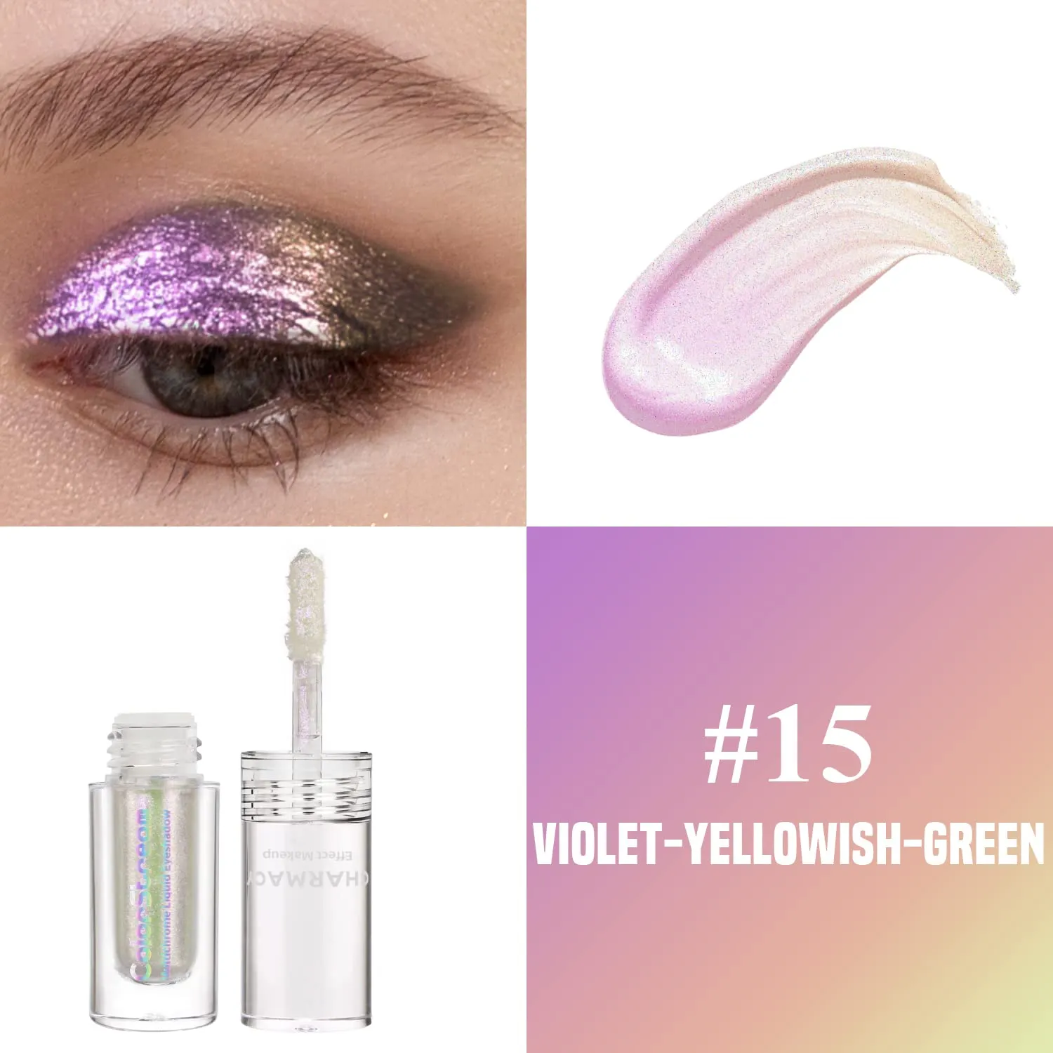 CHARMACY Multichrome Liquid Glitter Eyeshadow, Holographic Eyeshadow Pigmented, Glitter Chameleon Liquid Eye Shadows, Long lasting Sparkling Shimmer Liquid Eyeshadow (Violet-Yellow-Green #15)