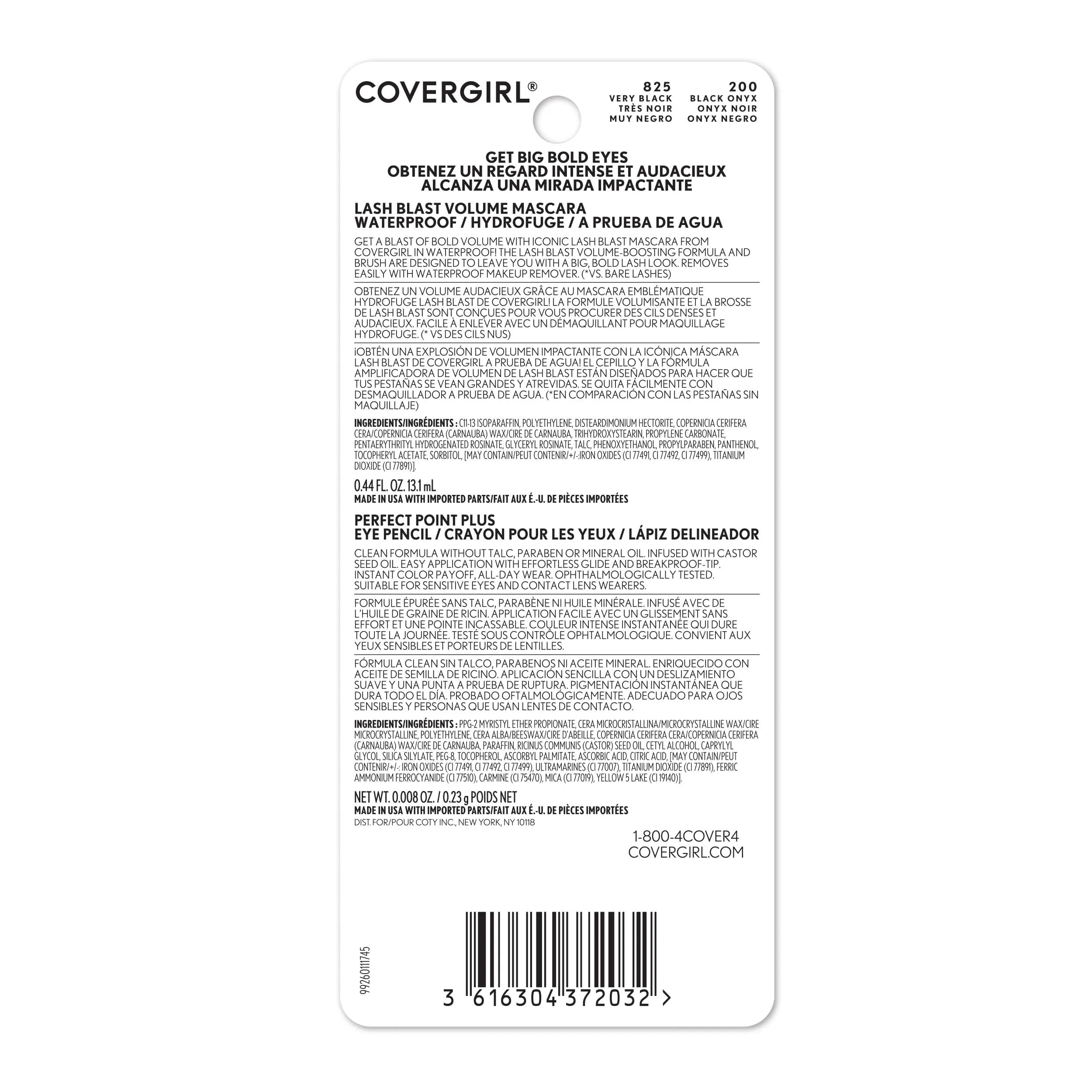 Covergirl Lash Blast Volume Waterproof Mascara, Very Black & Perfect Point Plus Eyeliner Pencil, Black Onyx