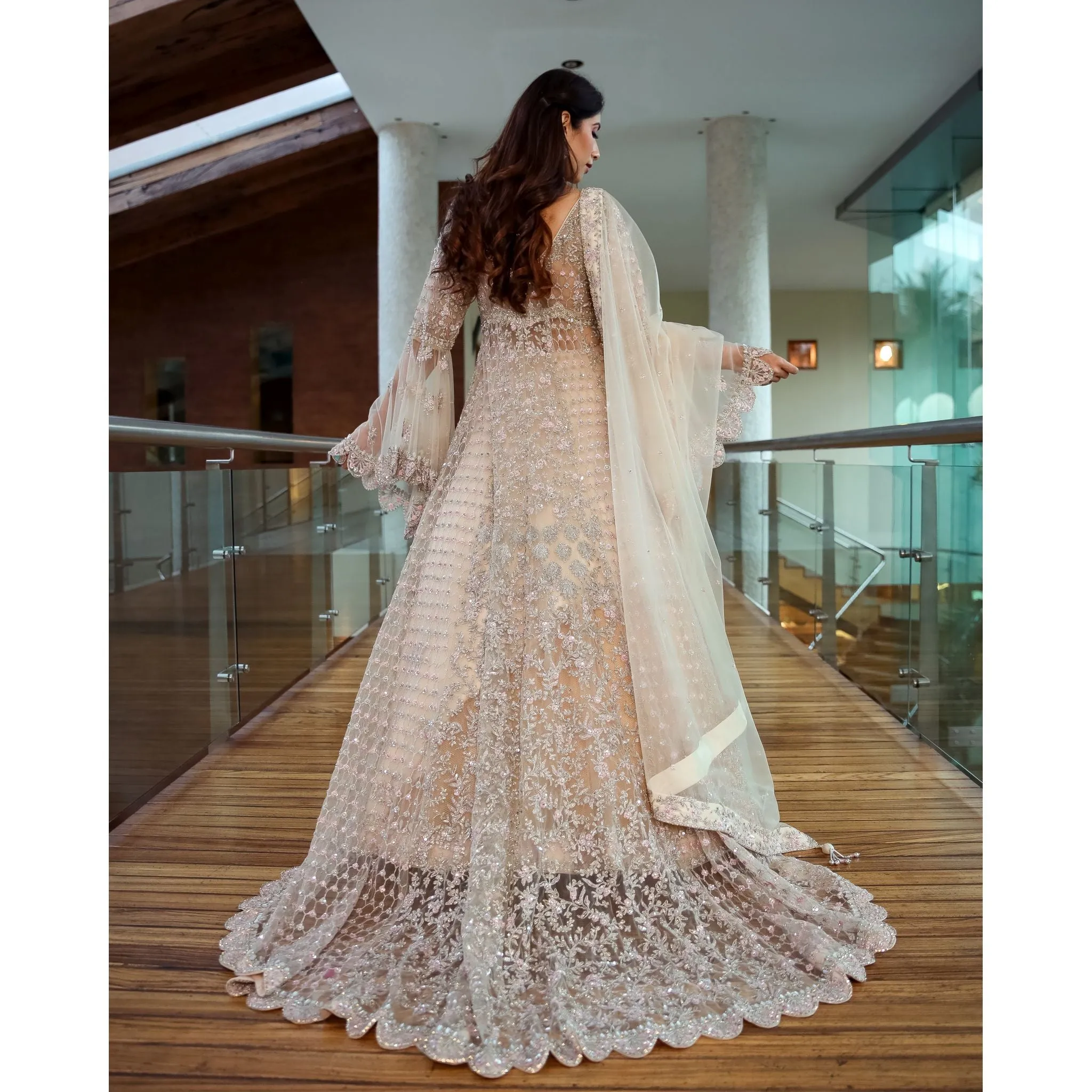 Cream Anarkali Lehenga Set with Trail