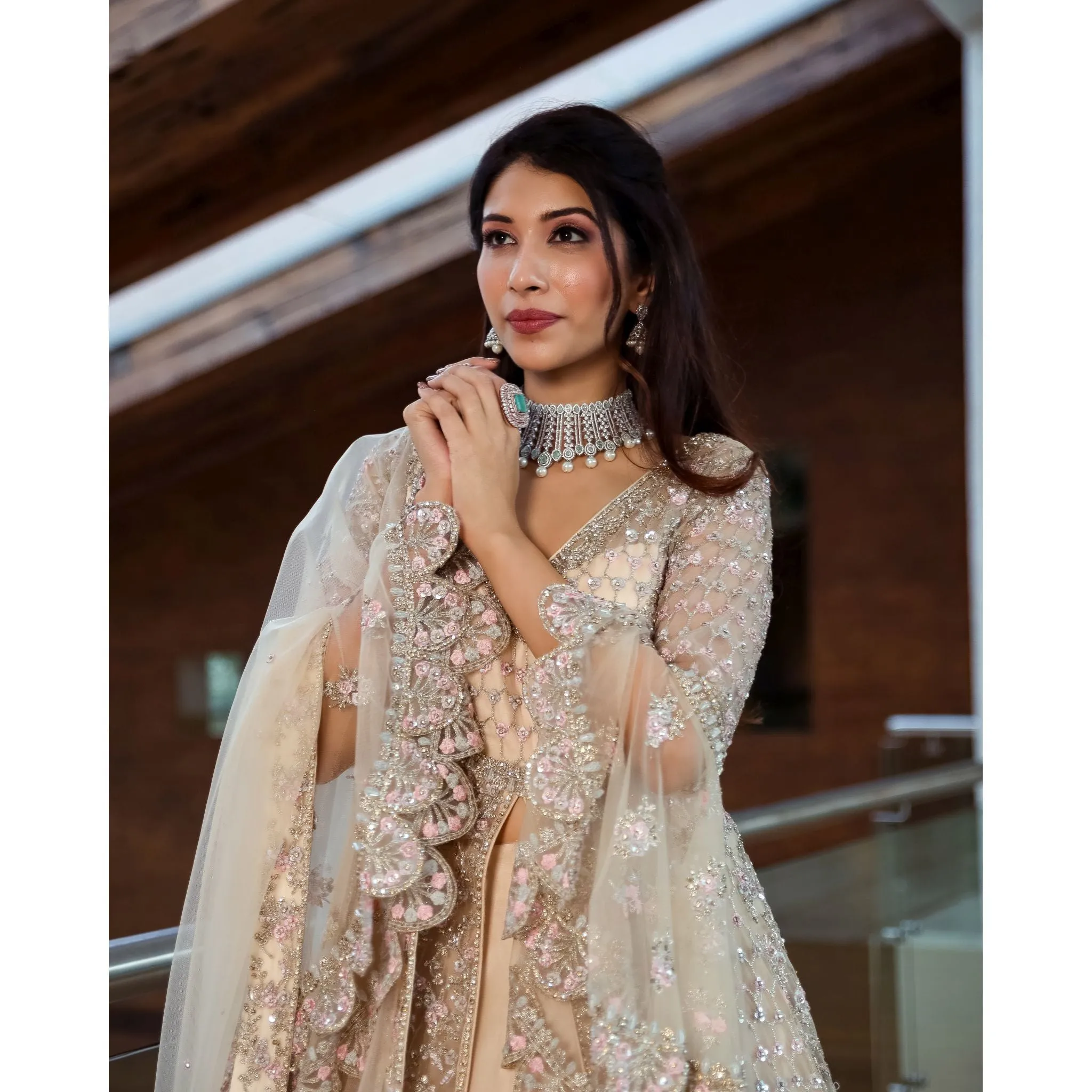 Cream Anarkali Lehenga Set with Trail