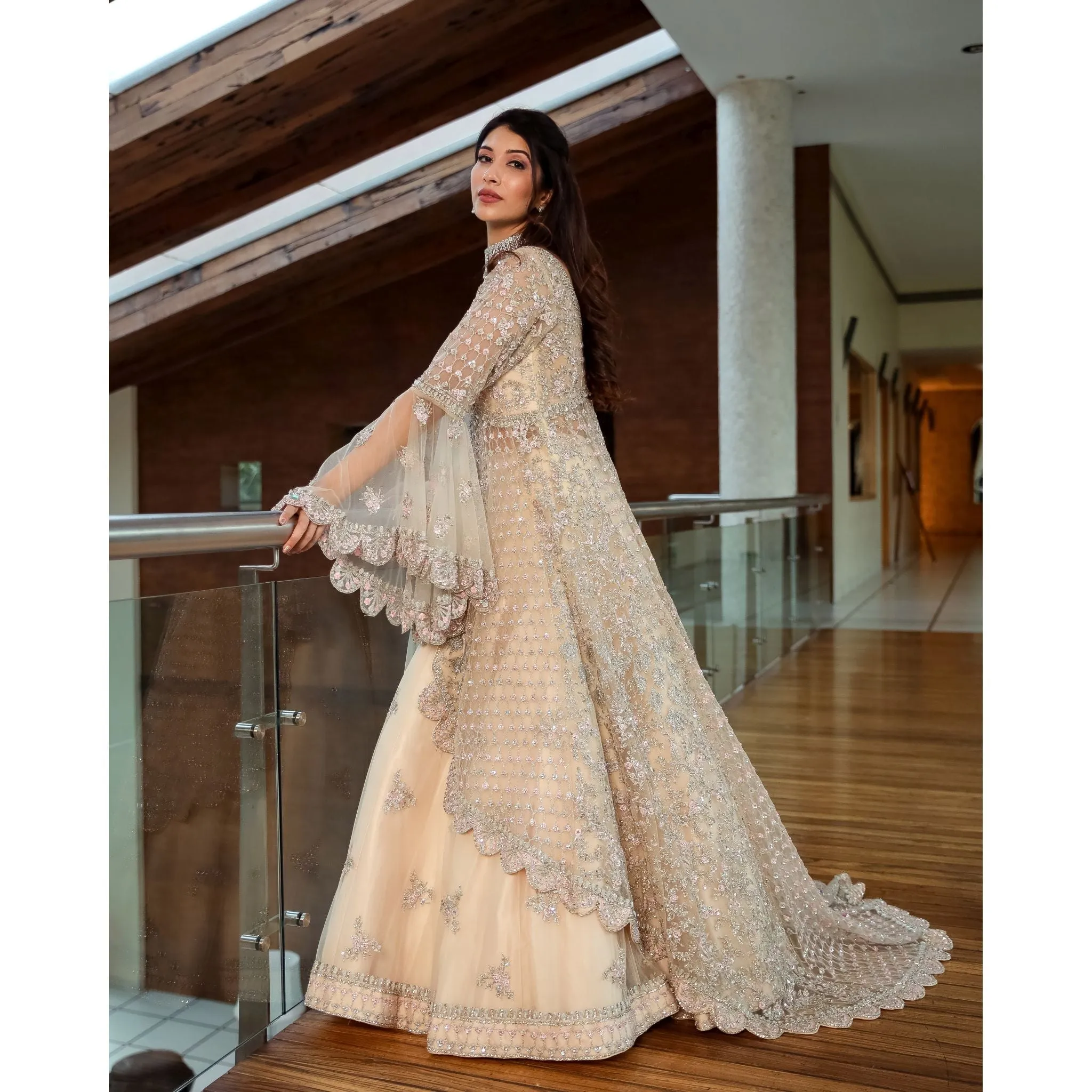 Cream Anarkali Lehenga Set with Trail