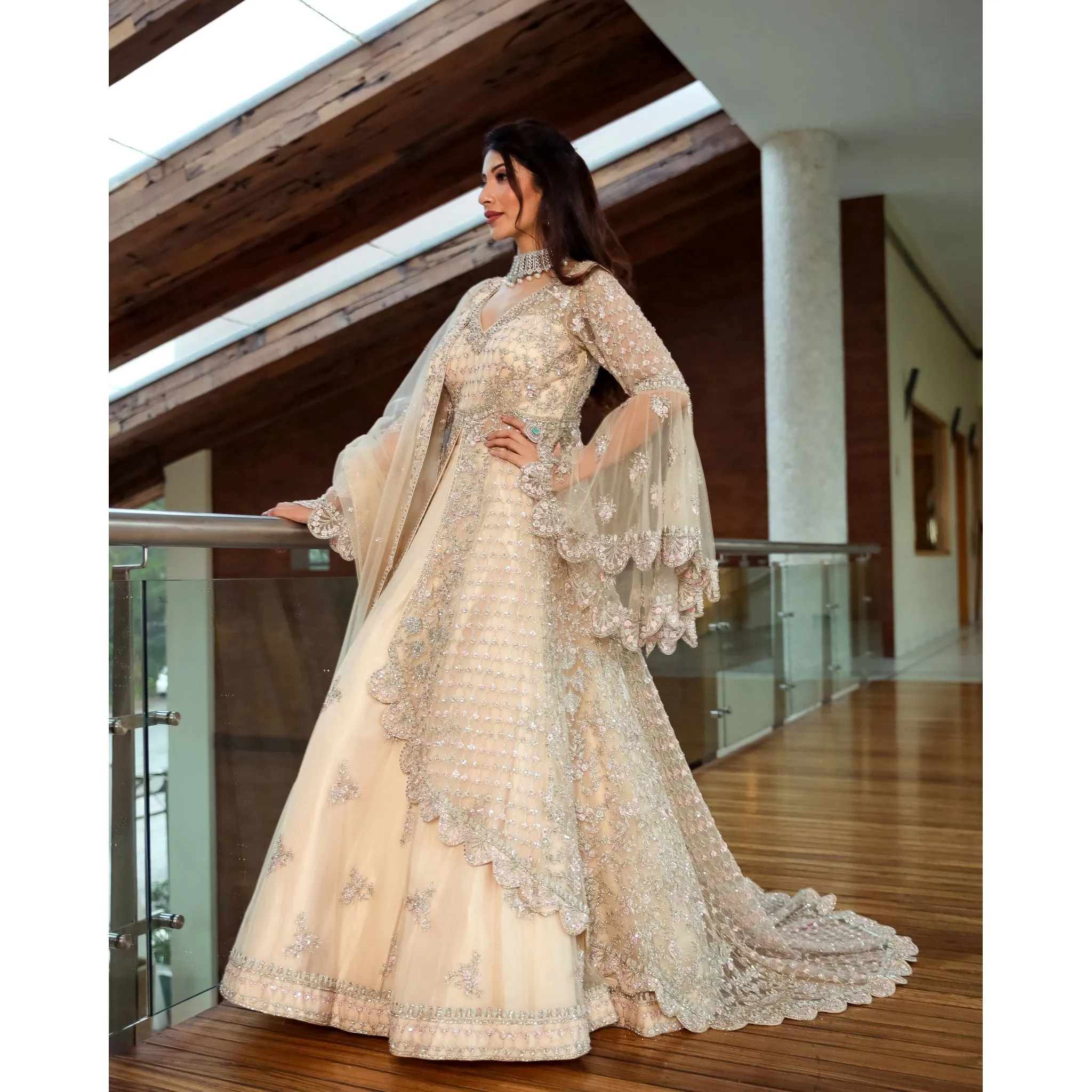 Cream Anarkali Lehenga Set with Trail