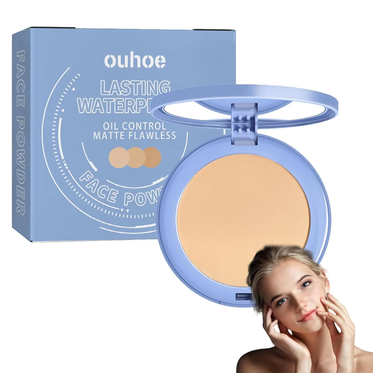 Face Powder, Lasting Waterproof Face Powder Ouhoe, Matte Smooth Flawless Foundation, Lightweight Setting Powders Foundation, Oil Control Face Pressed Finishing Powders (#02 Natural Beige, 0.3oz)