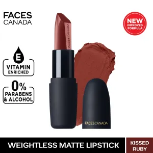Faces Canada Weightless Matte Lipstick |Jojoba and Almond Oil enriched| Highly pigmented | Smooth One Stroke Weightless Color | Keeps Lips Moisturized | Shade - Kissed Ruby 4g