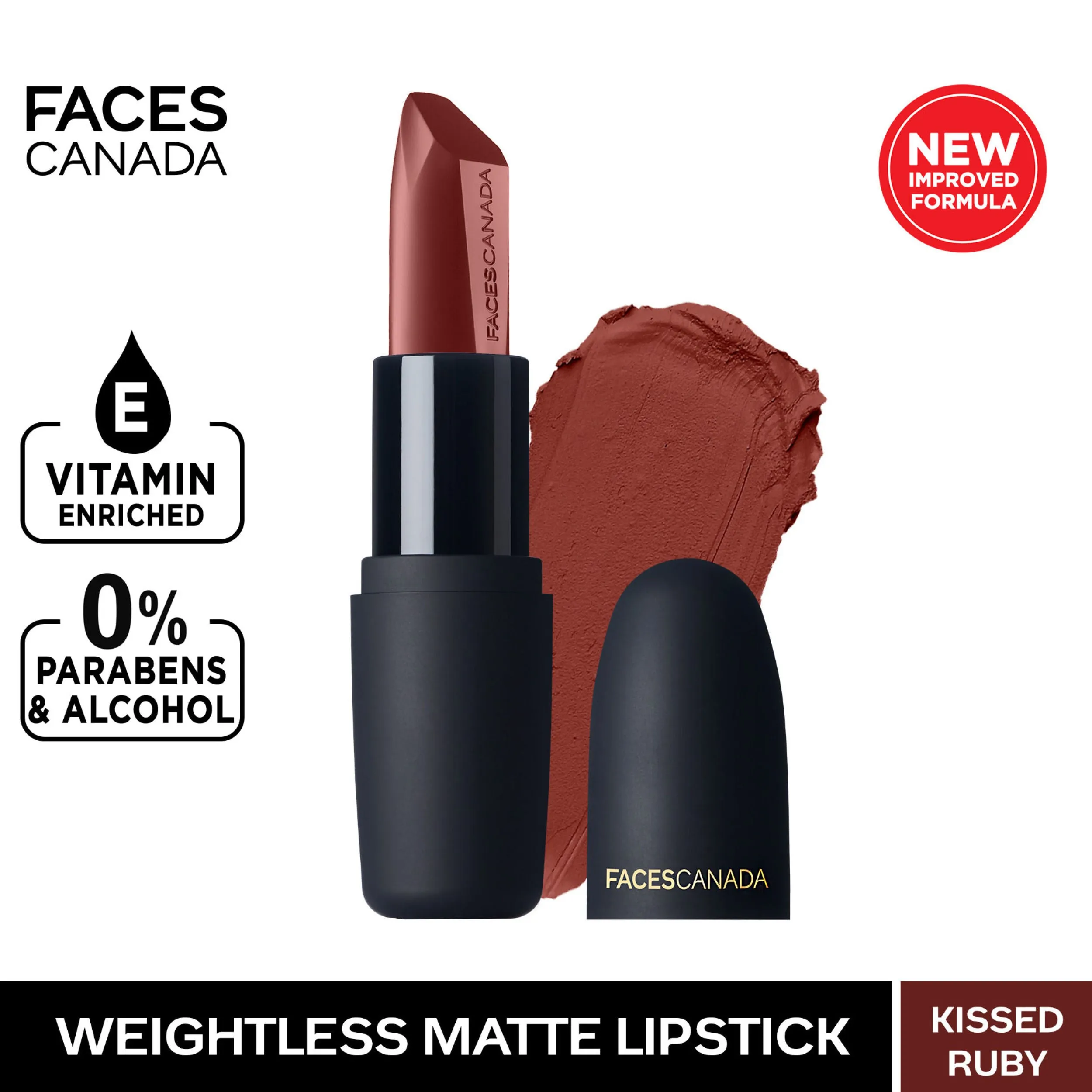 Faces Canada Weightless Matte Lipstick |Jojoba and Almond Oil enriched| Highly pigmented | Smooth One Stroke Weightless Color | Keeps Lips Moisturized | Shade - Kissed Ruby 4g