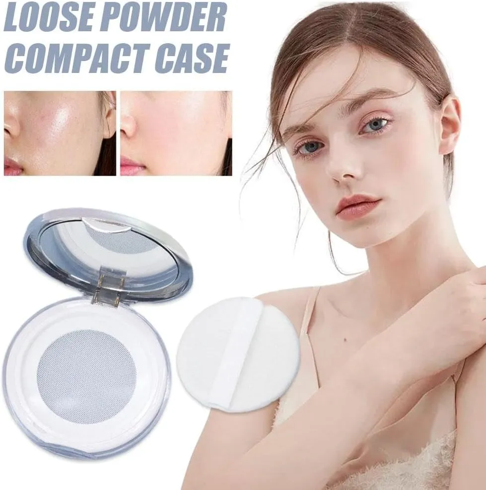Loose Powder Container with Puff,Refillable Empty Powder Compact with Mirror,Reusable Plastic Empty Powder Case Portable DIY Makeup Powder Container Compact Case for Travel Business (Silvery)