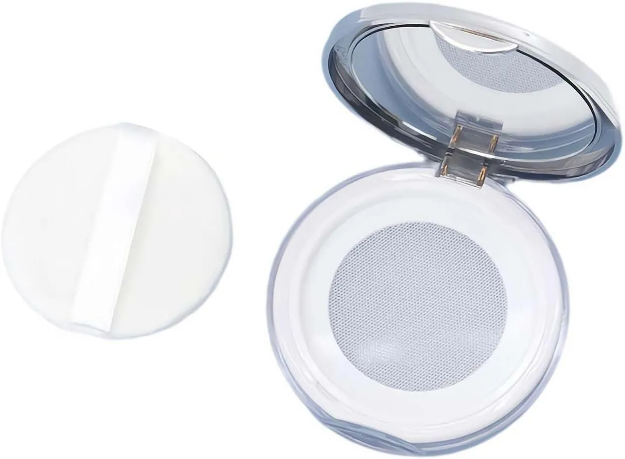 Loose Powder Container with Puff,Refillable Empty Powder Compact with Mirror,Reusable Plastic Empty Powder Case Portable DIY Makeup Powder Container Compact Case for Travel Business (Silvery)