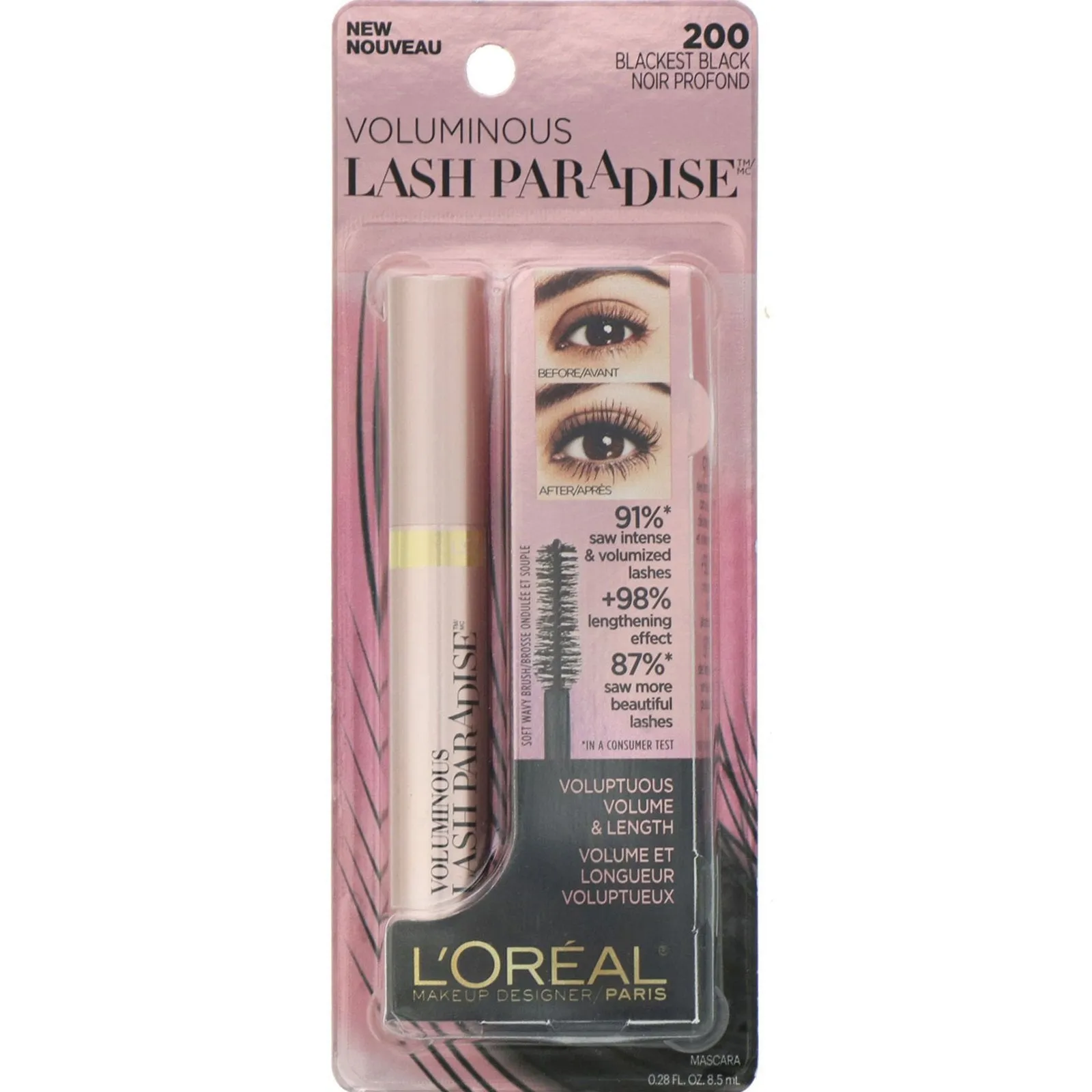 L'Oréal, Voluminous, Lash Paradise Mascara, 200 Blackest Black, 0.28 fl oz (8.5 ml)