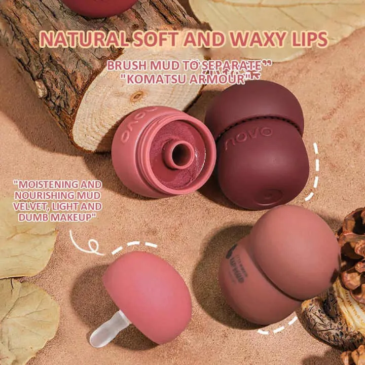 NOVO Kawaii Mushroom Lip Gloss Matte Liquid Lipstick Waterproof and 24 hour Lip Glaze Red Lip Tint Korean Cosmetics