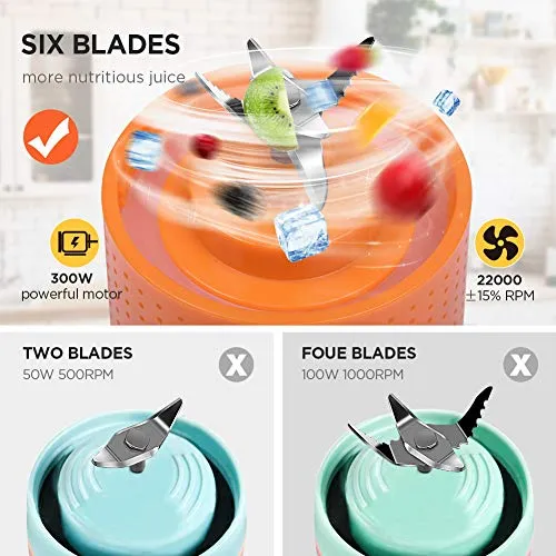 Portable Blender, 2020 Multifunctional Personal Blender Mini Smoothie Blender 6 Powerful Blades, 4000mAh Rechargeable USB Juicer Cup Bottle with strainer Cleaning Brush for Travel BPA Free Orange
