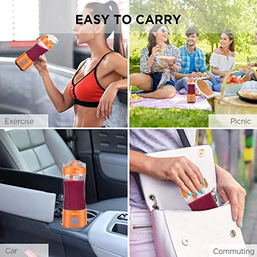 Portable Blender, 2020 Multifunctional Personal Blender Mini Smoothie Blender 6 Powerful Blades, 4000mAh Rechargeable USB Juicer Cup Bottle with strainer Cleaning Brush for Travel BPA Free Orange