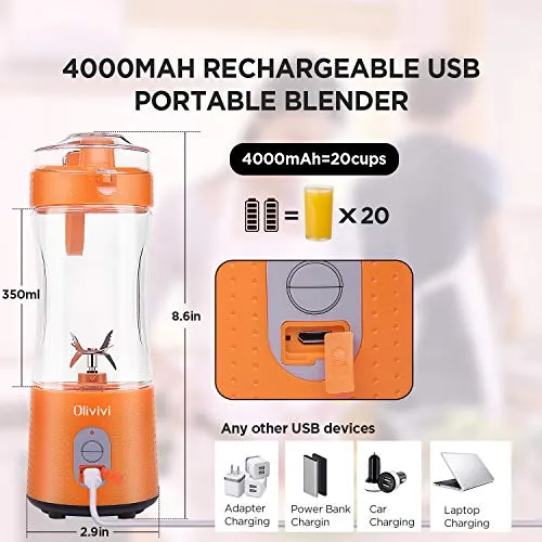 Portable Blender, 2020 Multifunctional Personal Blender Mini Smoothie Blender 6 Powerful Blades, 4000mAh Rechargeable USB Juicer Cup Bottle with strainer Cleaning Brush for Travel BPA Free Orange