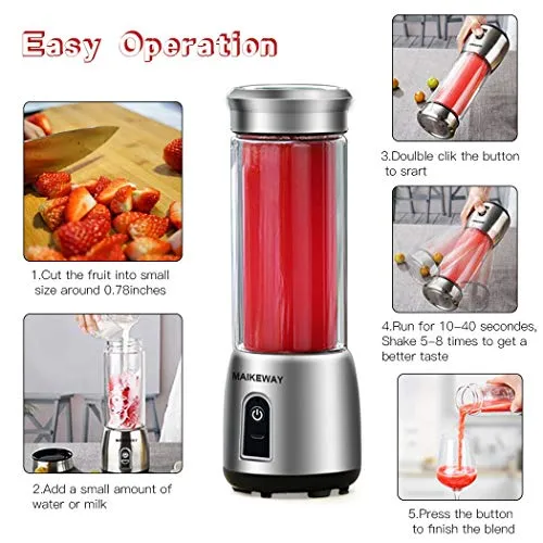 Portable Blender Personal Smoothie Blender Small Juicer Stainless Steel Fruit Shake Mixer With USB Rechargeable 400ml Travel Glass Cup