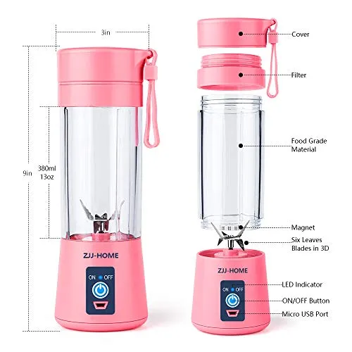 Portable Blender,Zjj-Home Smoothie Blender-Six Blades in 3D, Mini Travel Personal Blender with USB Rechargeable Batteries,Household Fruit Mixer,Detachable Cup ,USB Juicer Cup 380ml (FDA BPA free) (pink)