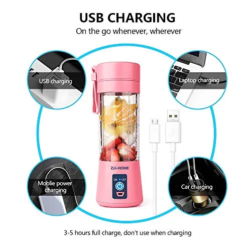 Portable Blender,Zjj-Home Smoothie Blender-Six Blades in 3D, Mini Travel Personal Blender with USB Rechargeable Batteries,Household Fruit Mixer,Detachable Cup ,USB Juicer Cup 380ml (FDA BPA free) (pink)
