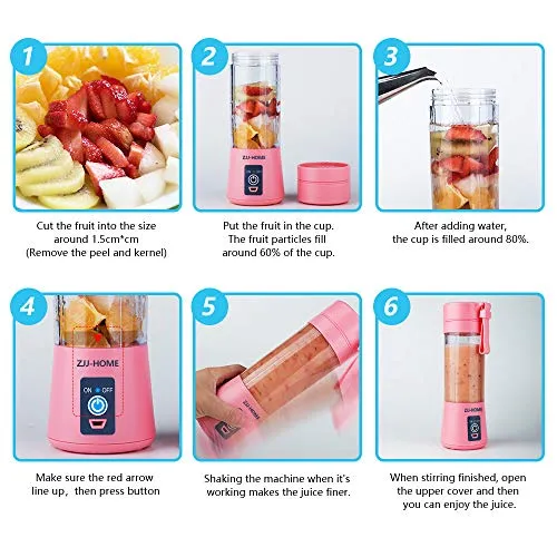Portable Blender,Zjj-Home Smoothie Blender-Six Blades in 3D, Mini Travel Personal Blender with USB Rechargeable Batteries,Household Fruit Mixer,Detachable Cup ,USB Juicer Cup 380ml (FDA BPA free) (pink)