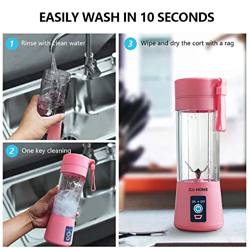 Portable Blender,Zjj-Home Smoothie Blender-Six Blades in 3D, Mini Travel Personal Blender with USB Rechargeable Batteries,Household Fruit Mixer,Detachable Cup ,USB Juicer Cup 380ml (FDA BPA free) (pink)