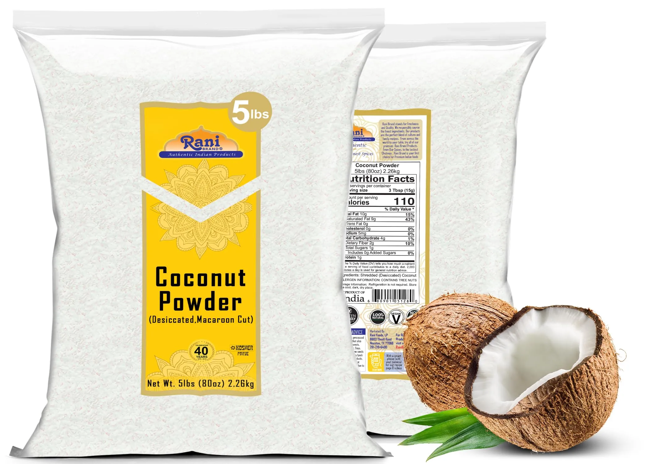 Rani Coconut Fine Powder (Desiccated, Macaroon Cut) 80oz (5lbs) 2.27kg Bulk Raw (Uncooked, Unsweetened) ~ All Natural | Vegan | Gluten Friendly | Kosher