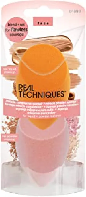 Real Techniques Beauty Makeup Blender Miracle Complexion and Makeup Power Sponge Set, For CC Cream Foundation, Orange & Pink, For Makeup Blending & Application, 2 Count
