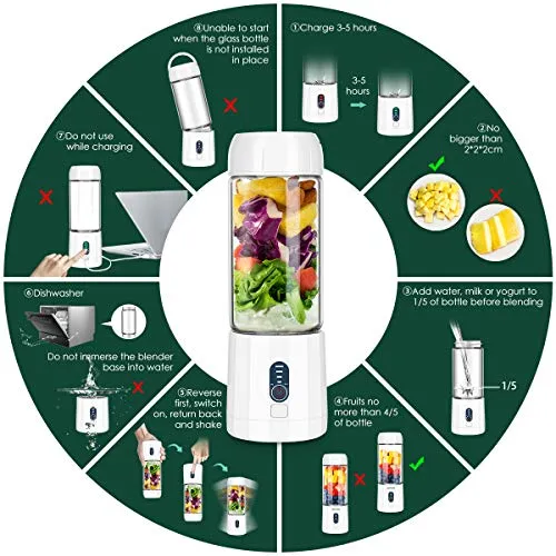 REDMOND Smoothie Blender, 4000mAh Portable USB Rechargeable Blender with 480ml Glass Travel Bottle, 6 Stainless Steel Powerful Blades, Battery Indicator for Shakes and Smoothies Outdoor, White BL015