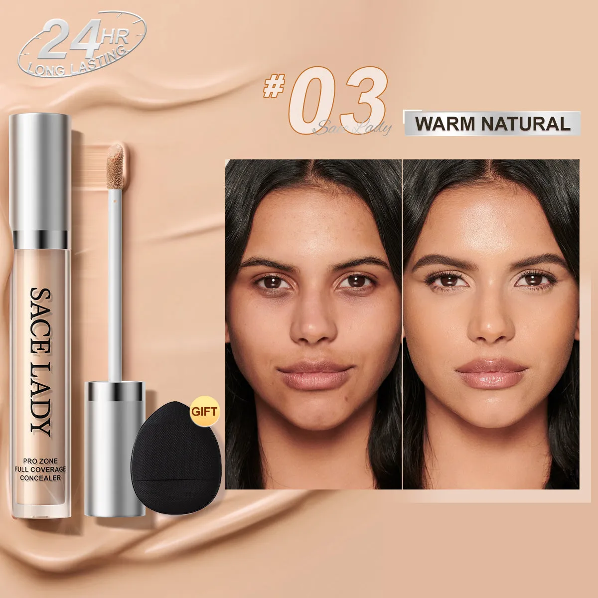SACE LADY Waterproof Full Coverage Concealer – Flawless Face Corrector for Dark Circles & Blemishes