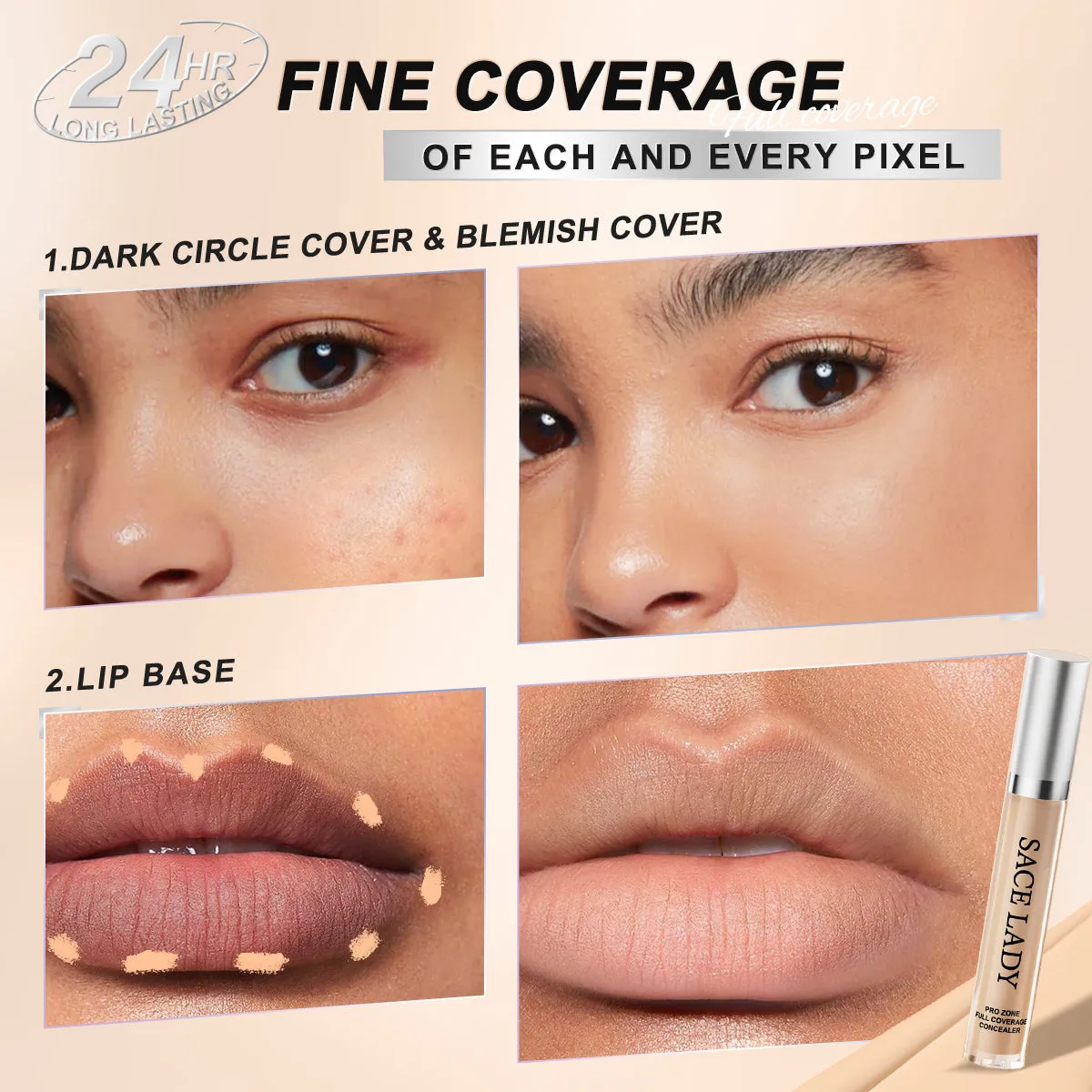 SACE LADY Waterproof Full Coverage Concealer – Flawless Face Corrector for Dark Circles & Blemishes