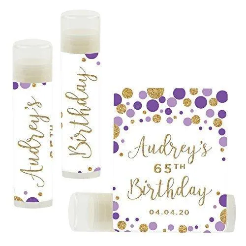 Set of 12 Personalized Milestone Birthday Party Lip Balm Party Favors, Custom Name and Date