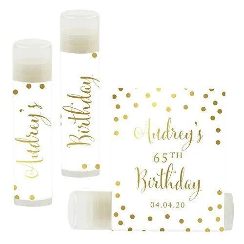 Set of 12 Personalized Milestone Birthday Party Lip Balm Party Favors, Custom Name and Date