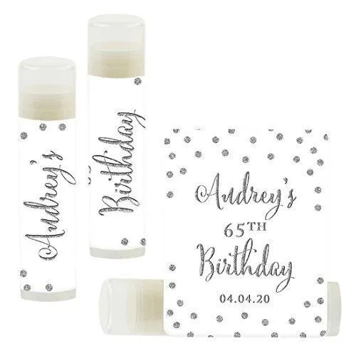 Set of 12 Personalized Milestone Birthday Party Lip Balm Party Favors, Custom Name and Date