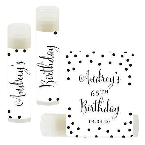Set of 12 Personalized Milestone Birthday Party Lip Balm Party Favors, Custom Name and Date