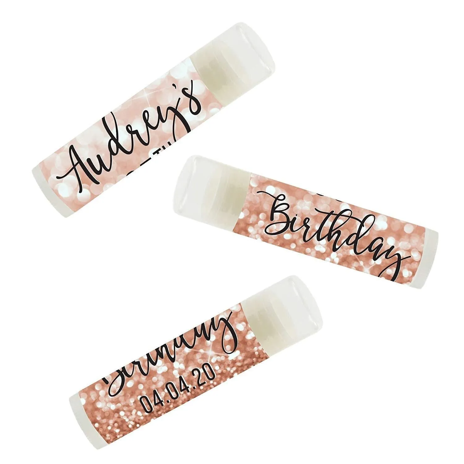 Set of 12 Personalized Milestone Birthday Party Lip Balm Party Favors, Custom Name and Date